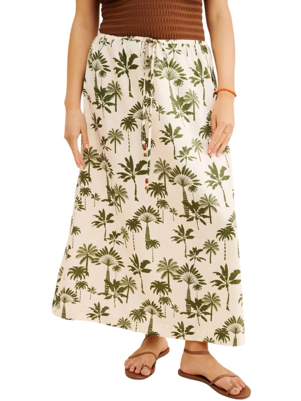 Never Fully Dressed Amy Palm Tree Print Midi Skirt Drawstring Cotton Linen Sz 8